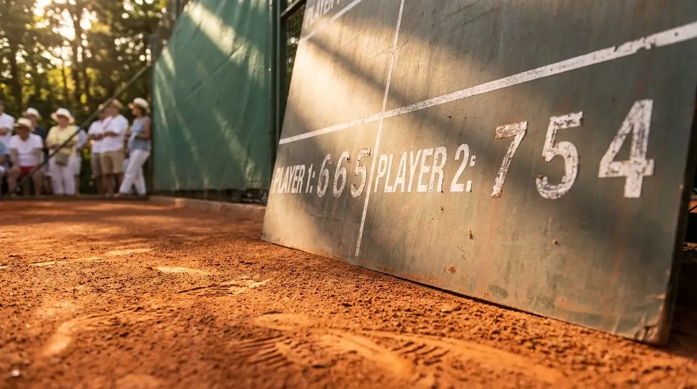 Marcador de un partido de tenis mostrando diferencia de juegos entre dos tenistas en pista de tierra batida