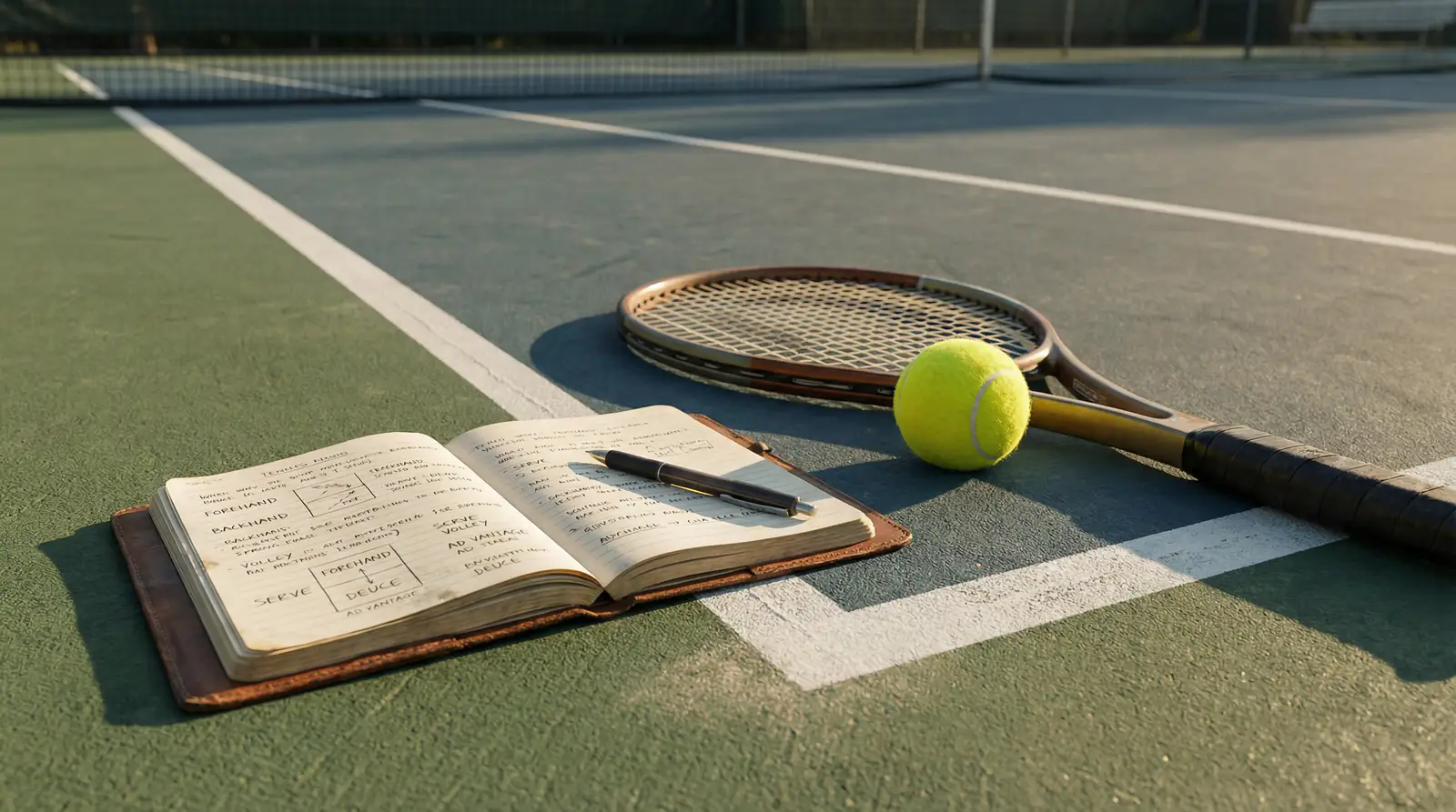 Raqueta de tenis y pelota sobre una pista junto a un cuaderno con anotaciones y términos