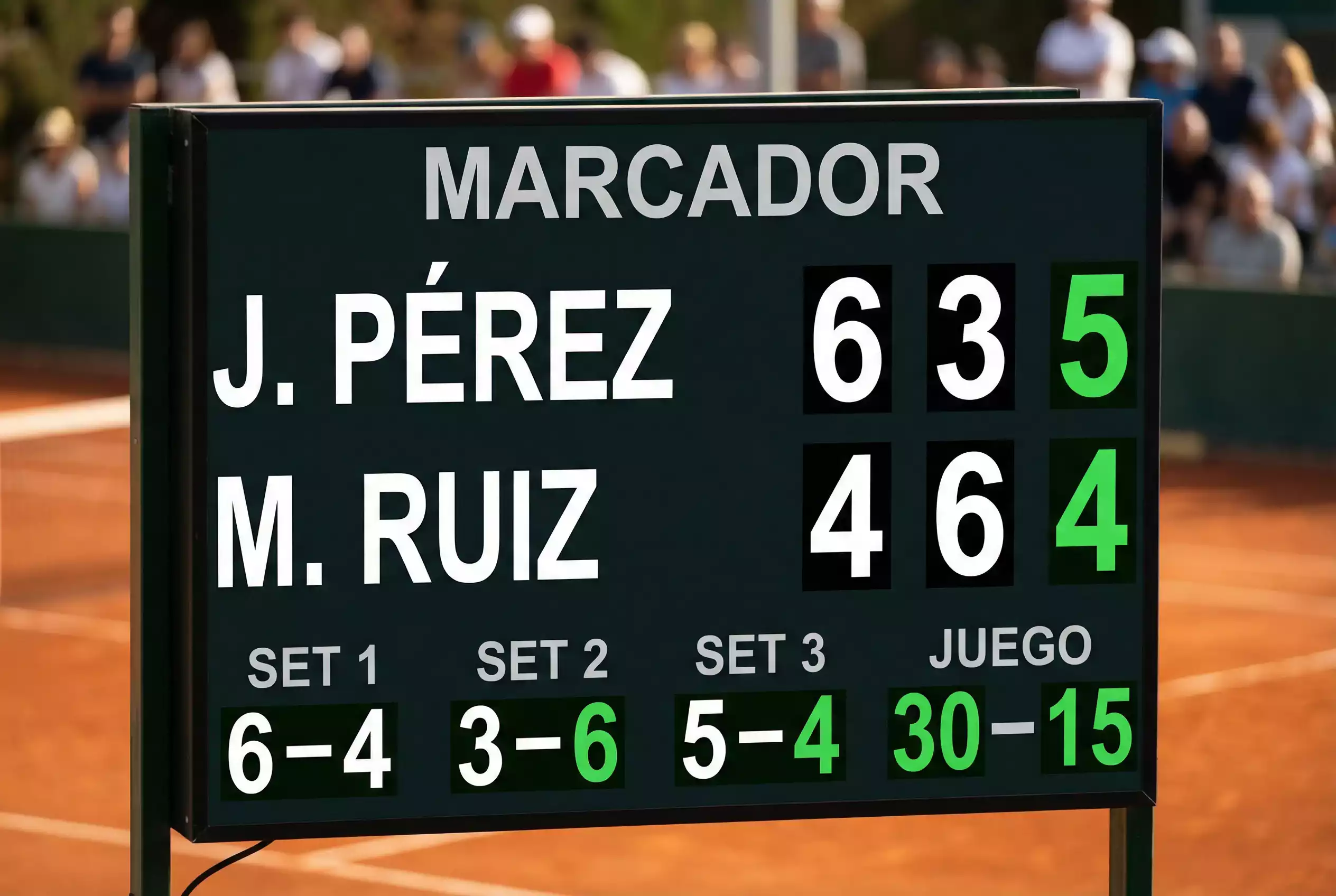 Marcador electrónico de un partido de tenis mostrando puntos, juegos y sets en una pista de tierra batida