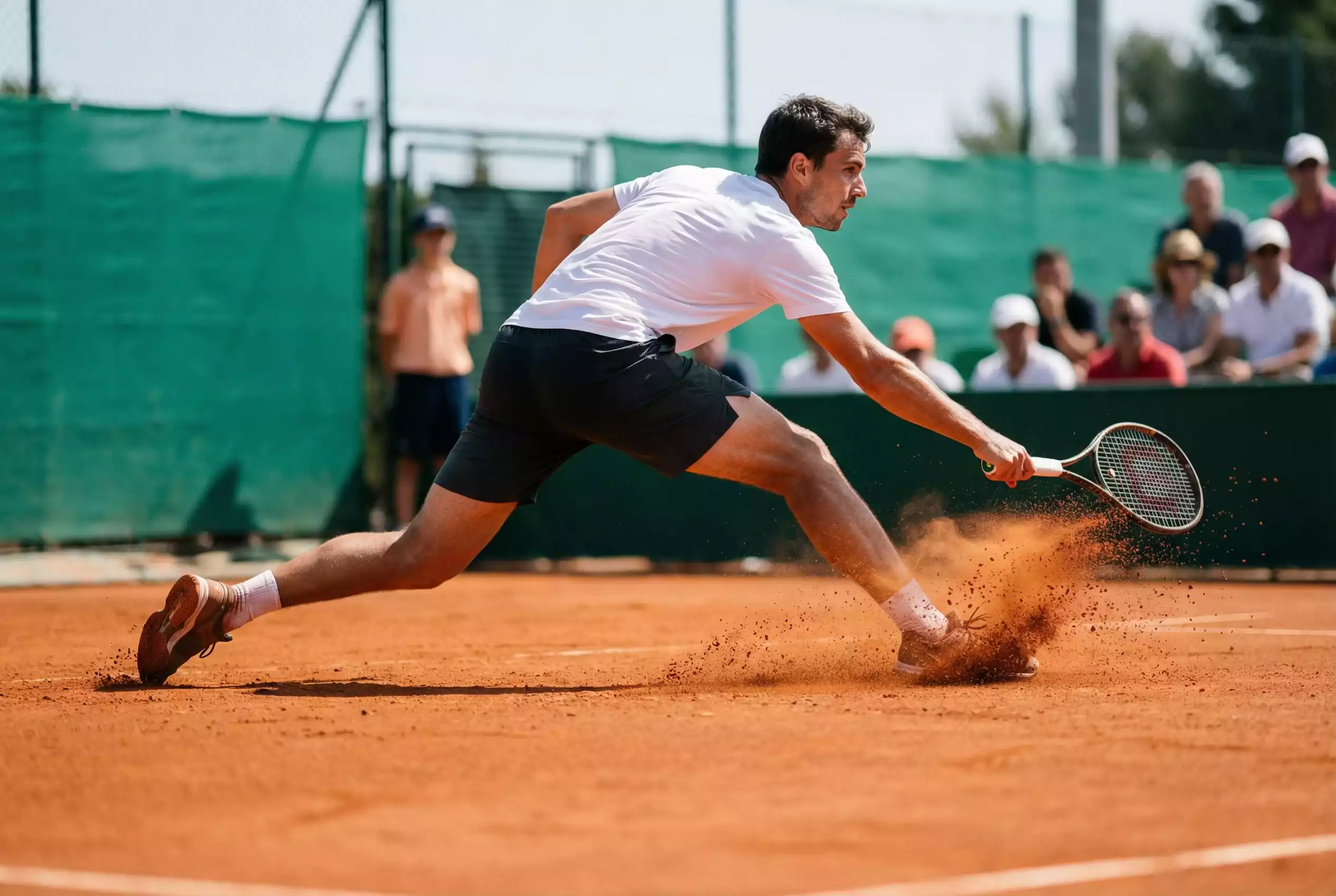 Tenista deslizándose sobre tierra batida durante un peloteo largo en un torneo profesional